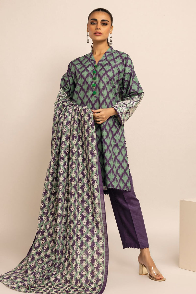 Khaadi Unstitched Embroidered Khaddar 3 Piece Suit Purple Momina Designer Outfit Collection 