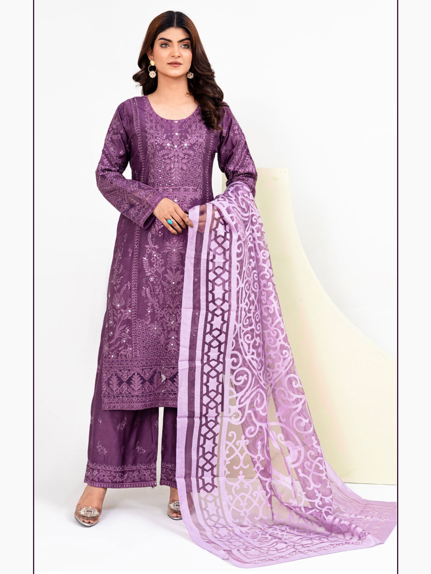 Rangz Fancy Embroidered Viscose Suit - Purple