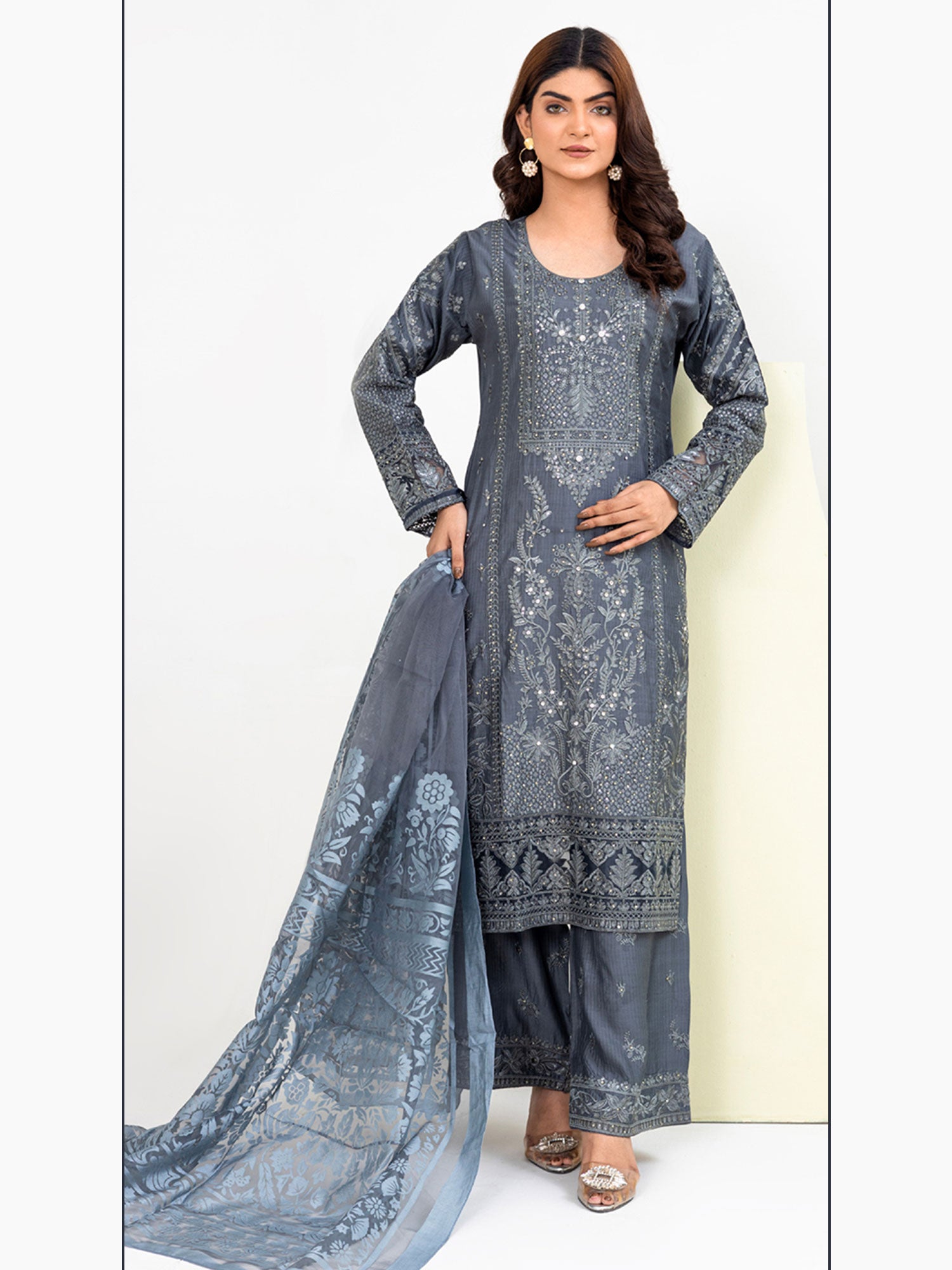 Rangz Fancy Embroidered Viscose Suit - Grey