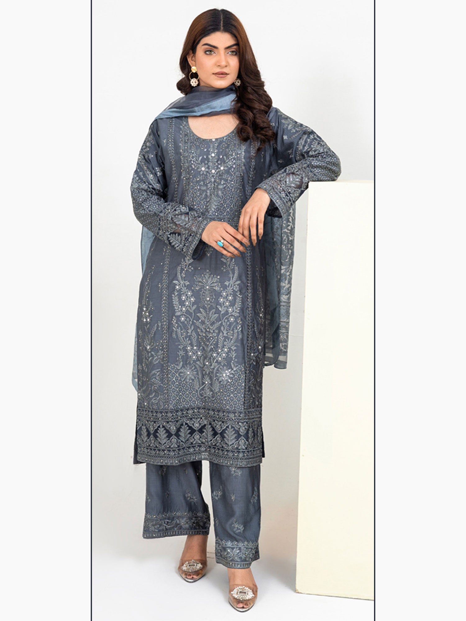 Rangz Fancy Embroidered Viscose Suit - Grey