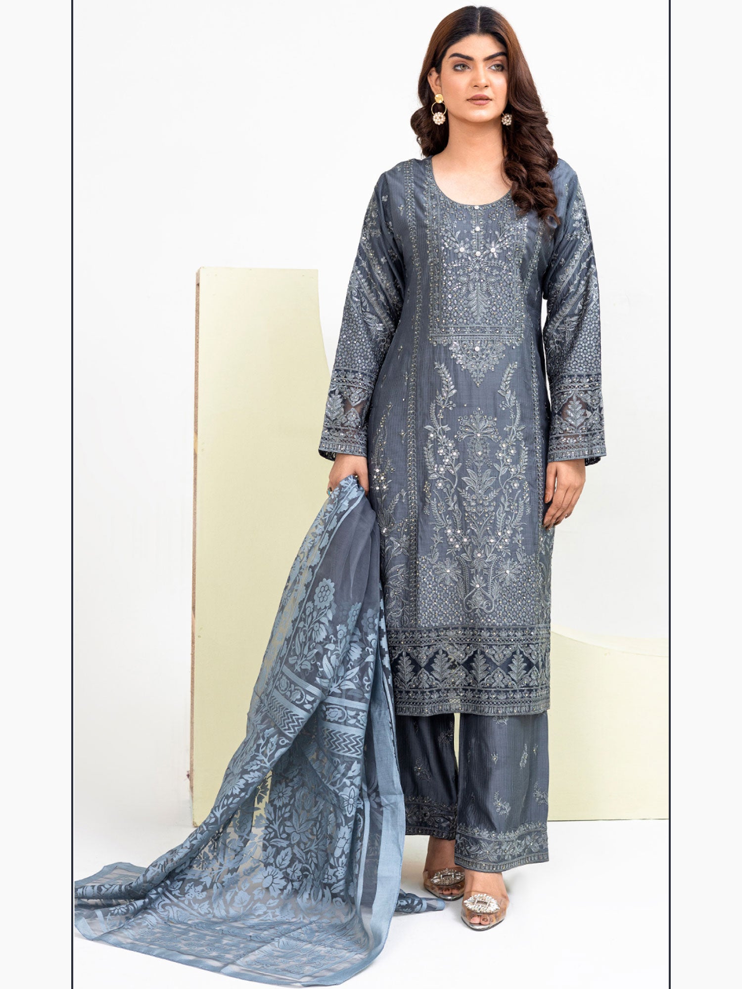 Rangz Fancy Embroidered Viscose Suit - Grey