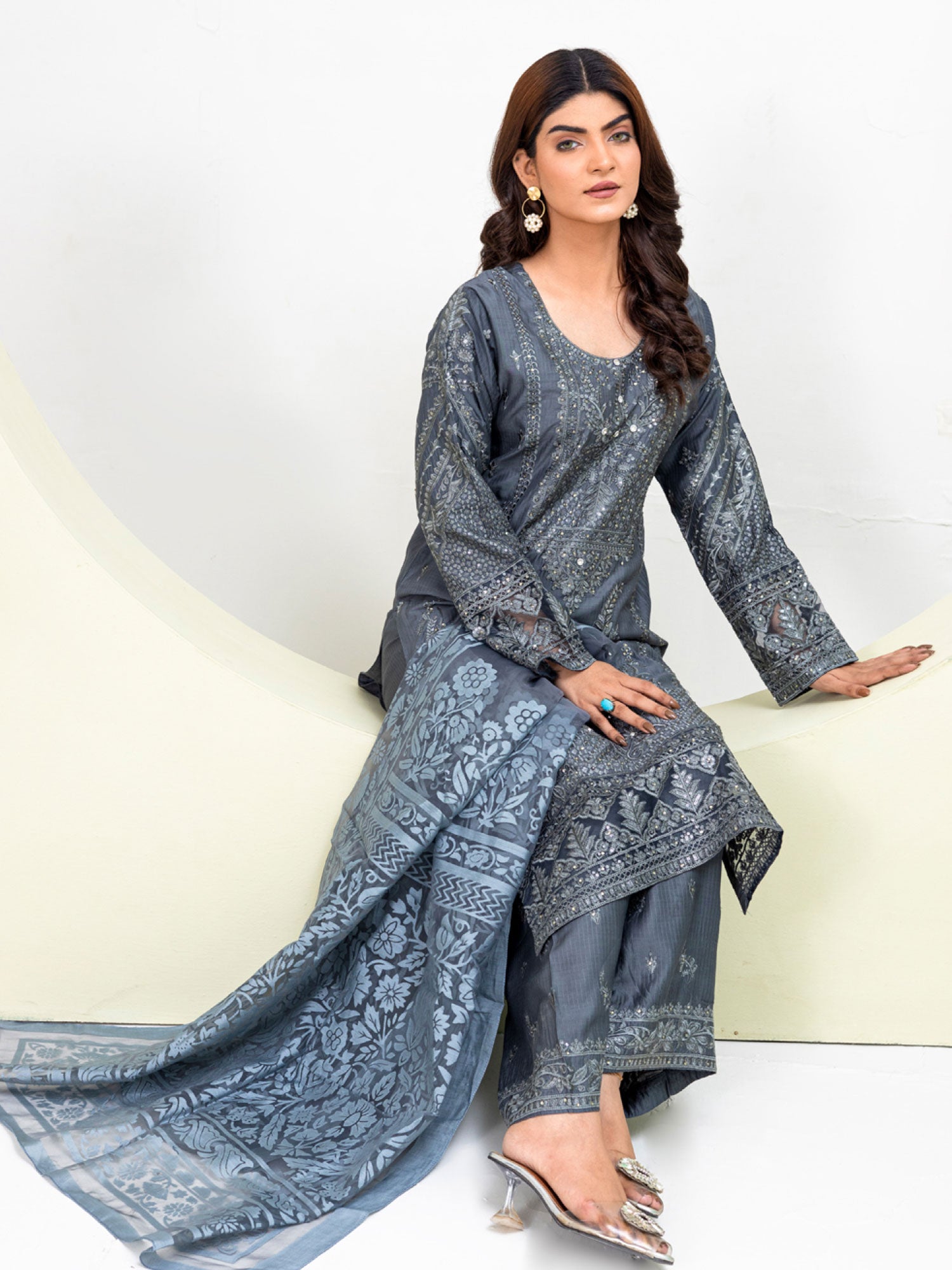 Rangz Fancy Embroidered Viscose Suit - Grey