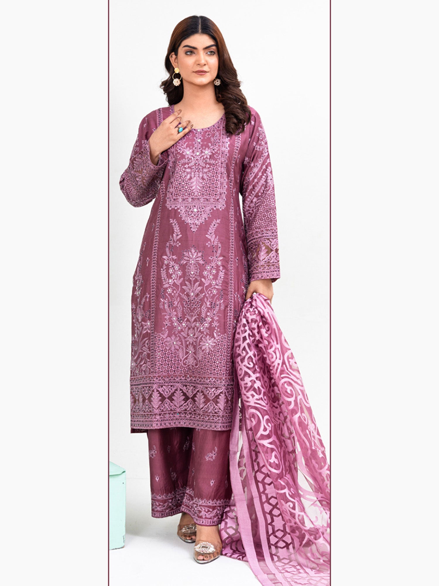 Rangz Fancy Embroidered Viscose Suit - Rouge Pink