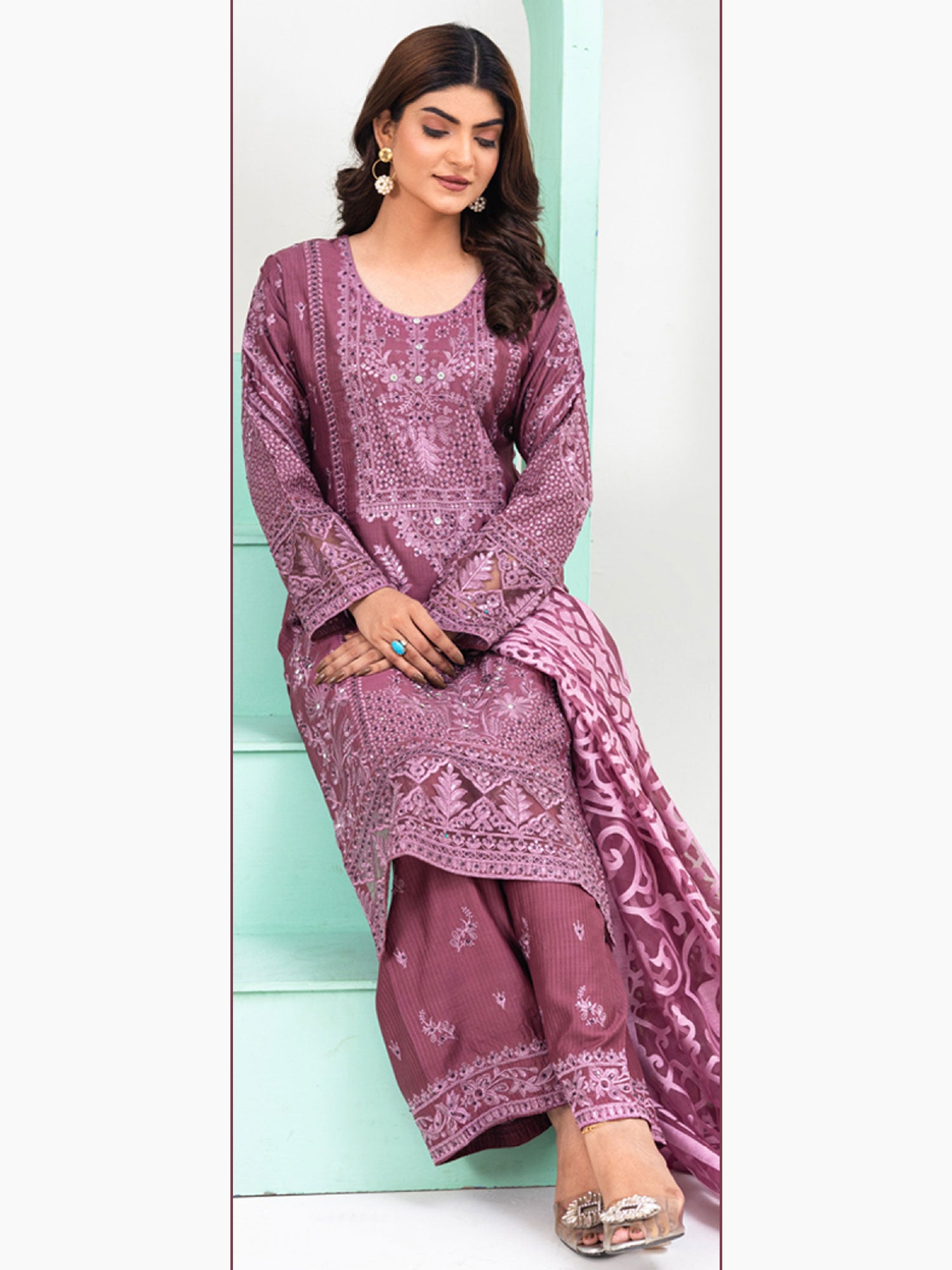 Rangz Fancy Embroidered Viscose Suit - Rouge Pink