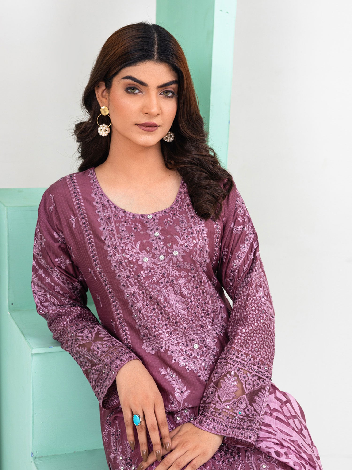 Rangz Fancy Embroidered Viscose Suit - Rouge Pink