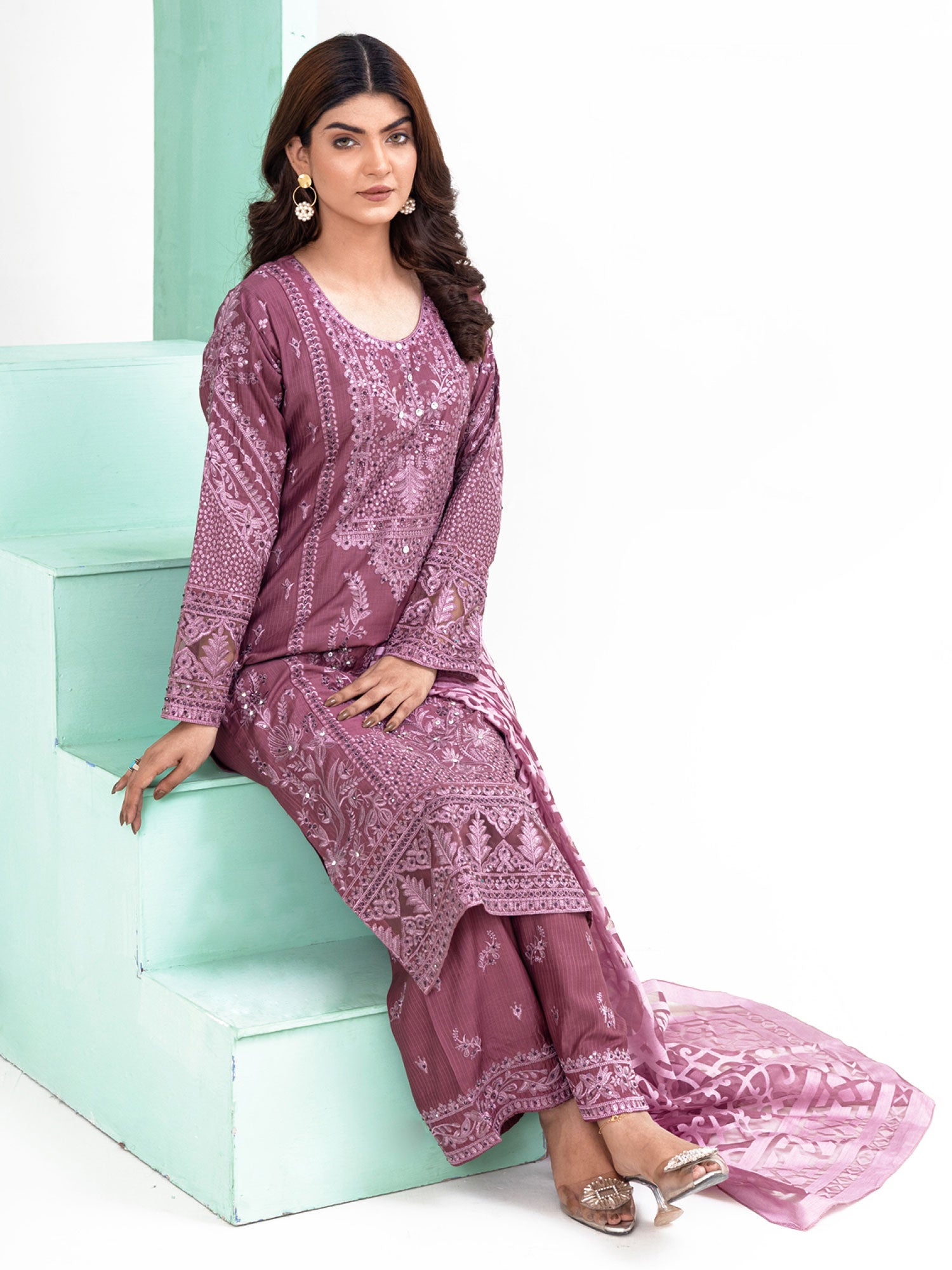 Rangz Fancy Embroidered Viscose Suit - Rouge Pink