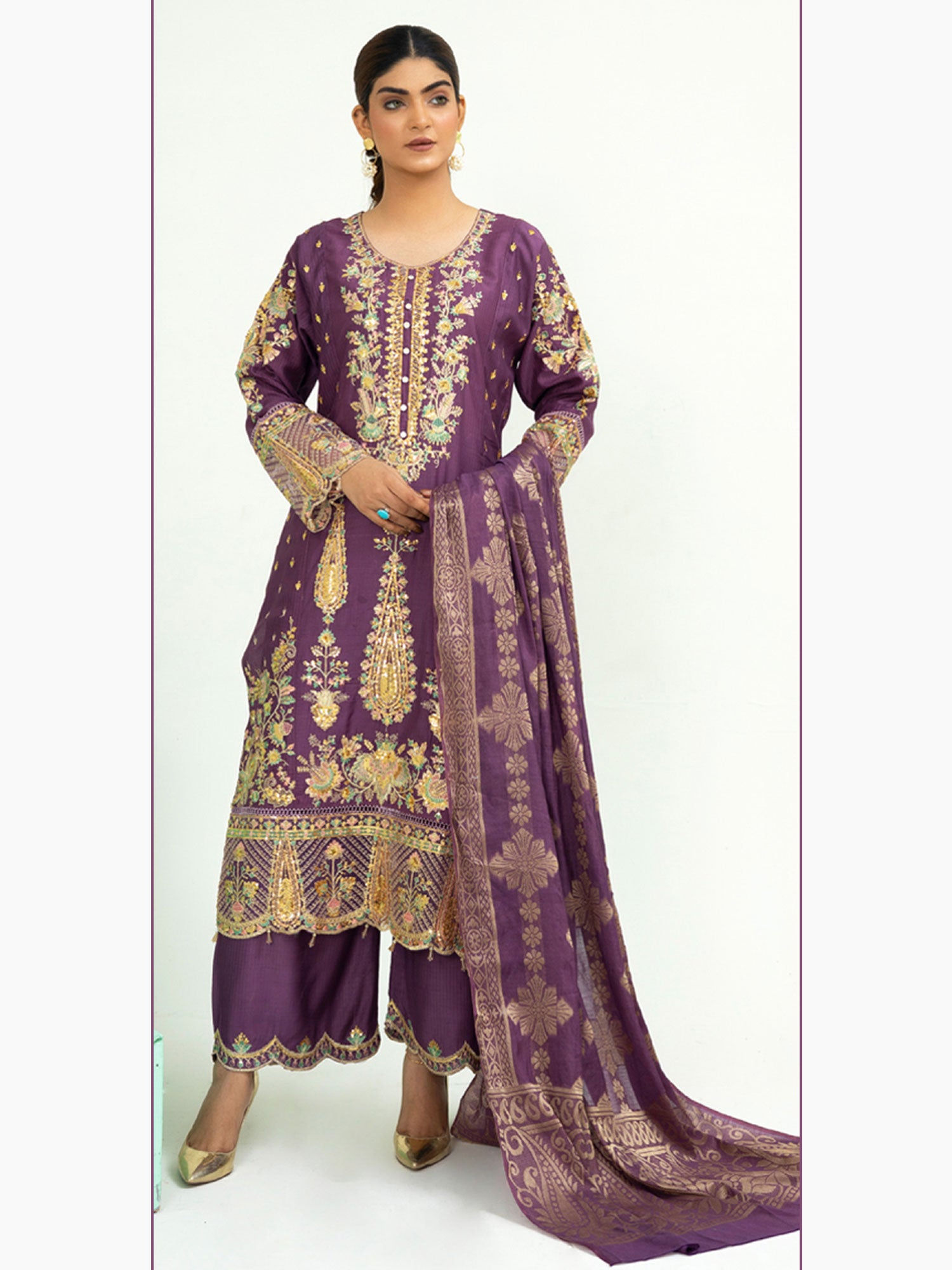 Rangz Fancy Embroidered Viscose Suit - Grape Purple