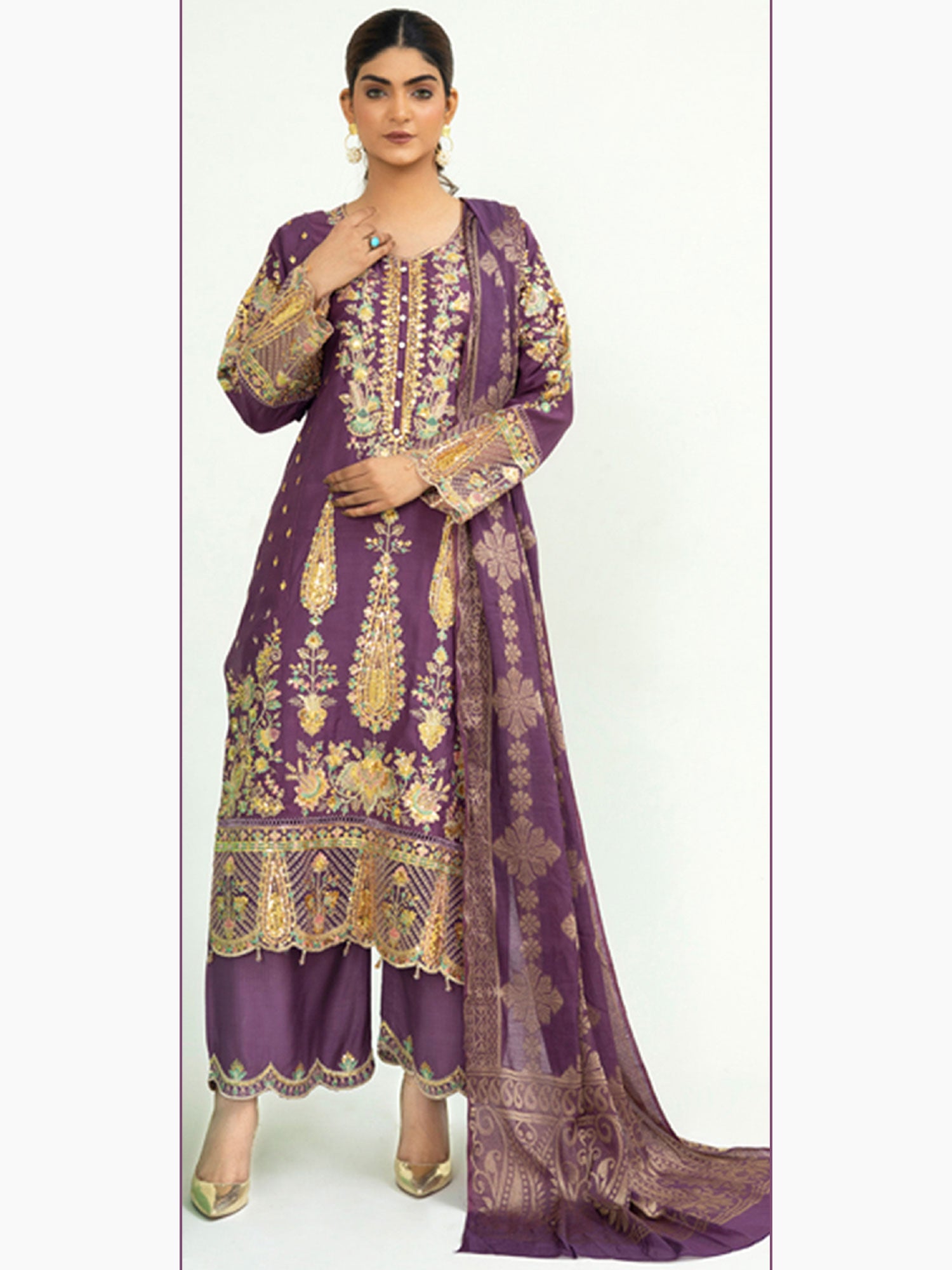 Rangz Fancy Embroidered Viscose Suit - Grape Purple