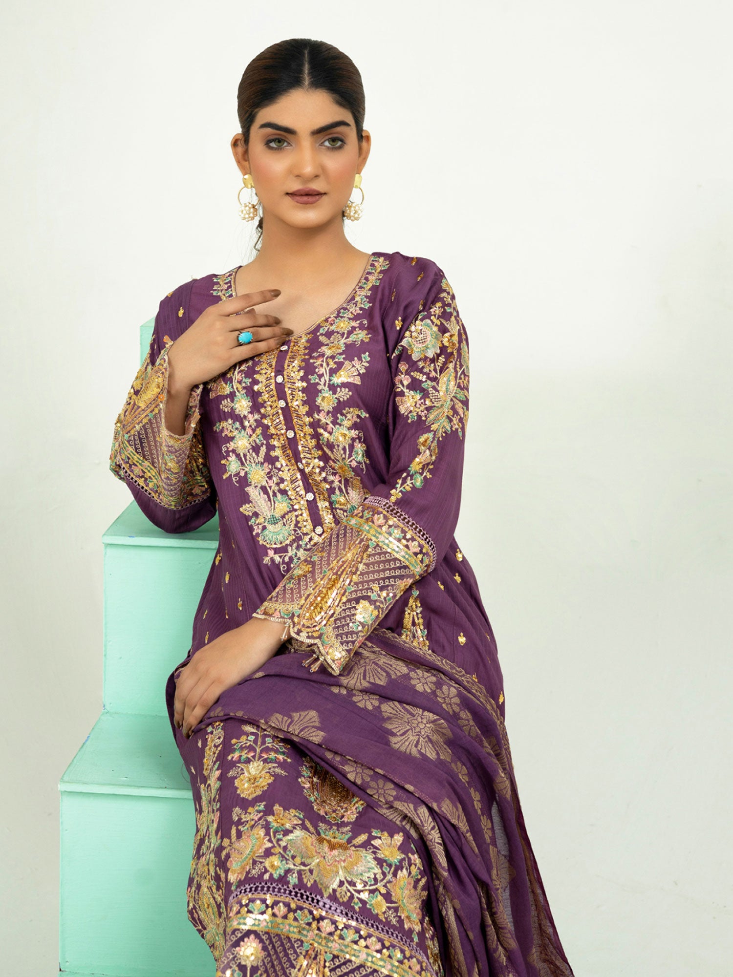 Rangz Fancy Embroidered Viscose Suit - Grape Purple