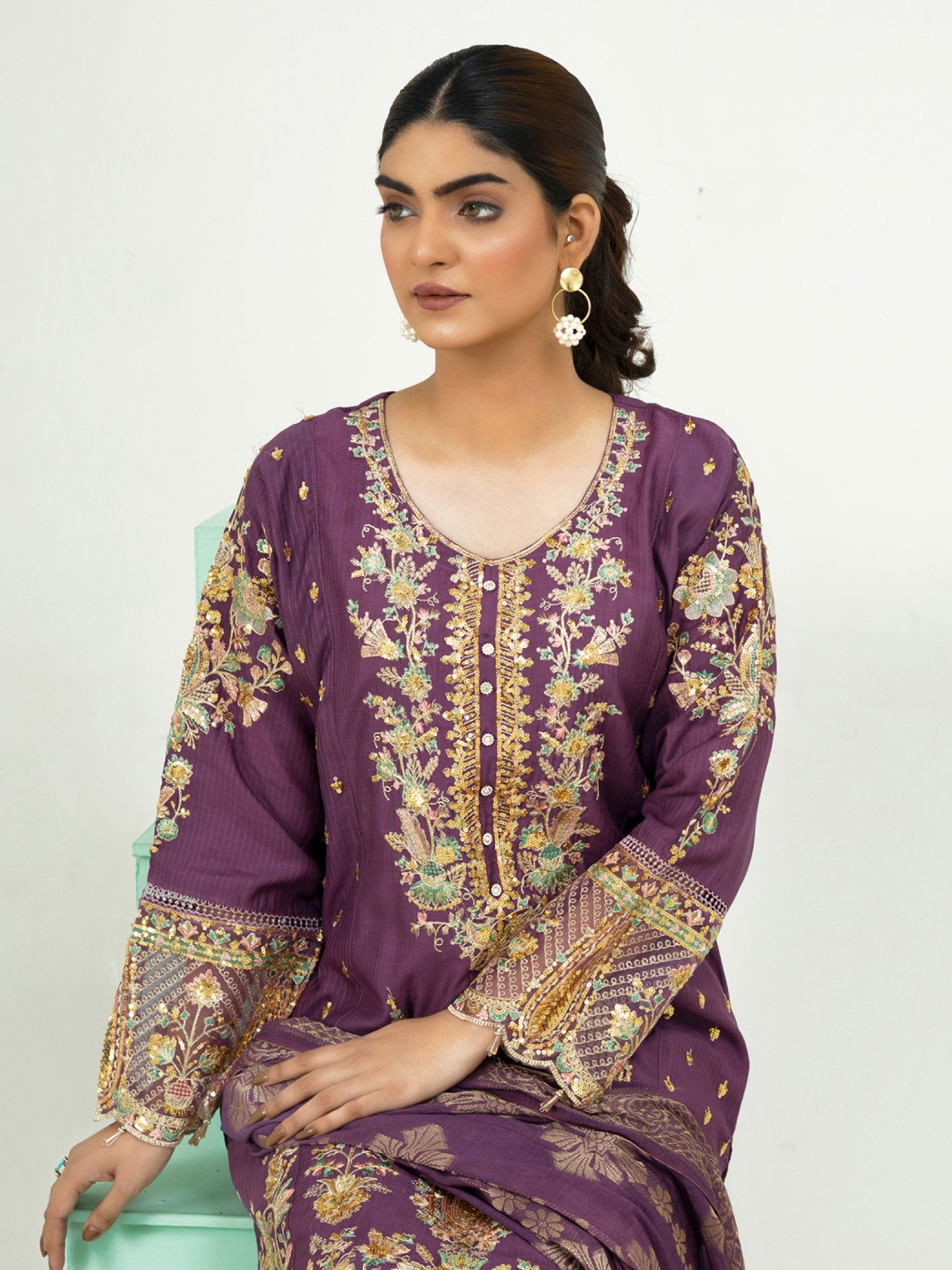 Rangz Fancy Embroidered Viscose Suit - Grape Purple