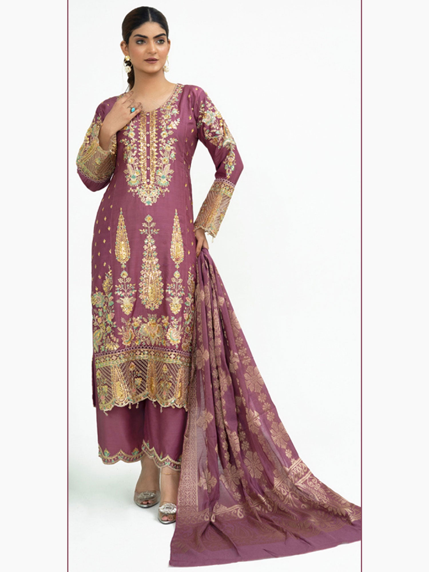 Rangz Fancy Embroidered Viscose Suit - Rouge Pink