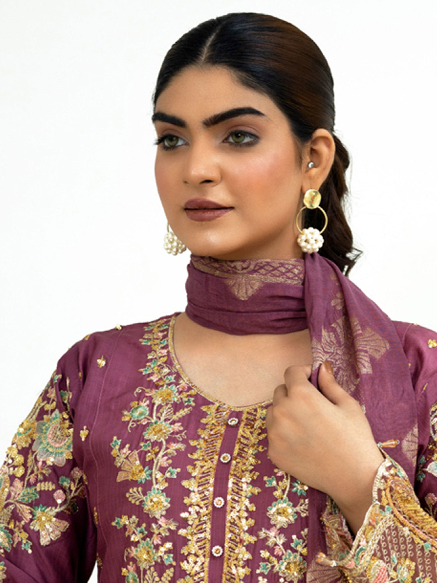 Rangz Fancy Embroidered Viscose Suit - Rouge Pink