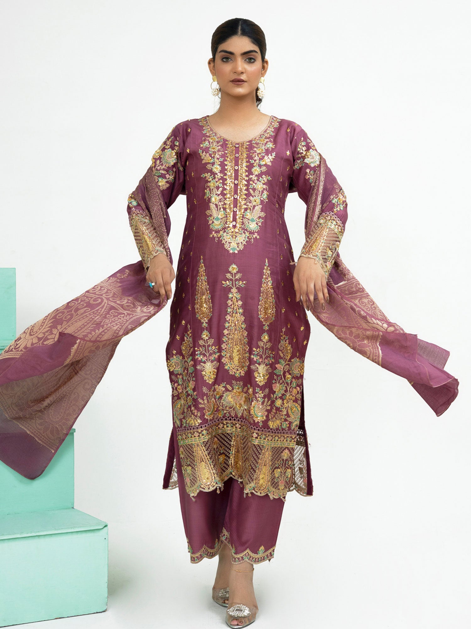 Rangz Fancy Embroidered Viscose Suit - Rouge Pink