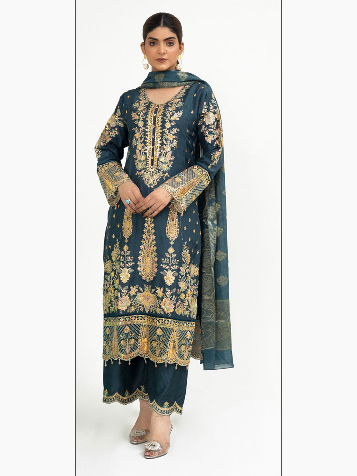 Rangz Fancy Embroidered Viscose Suit - Dark Green