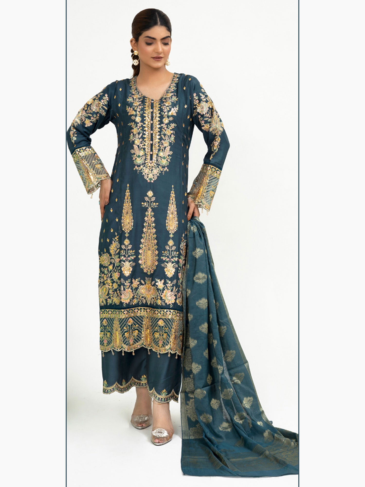 Rangz Fancy Embroidered Viscose Suit - Dark Green