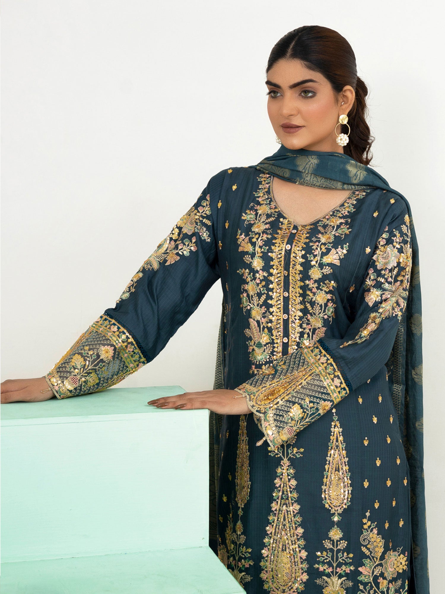 Rangz Fancy Embroidered Viscose Suit - Dark Green