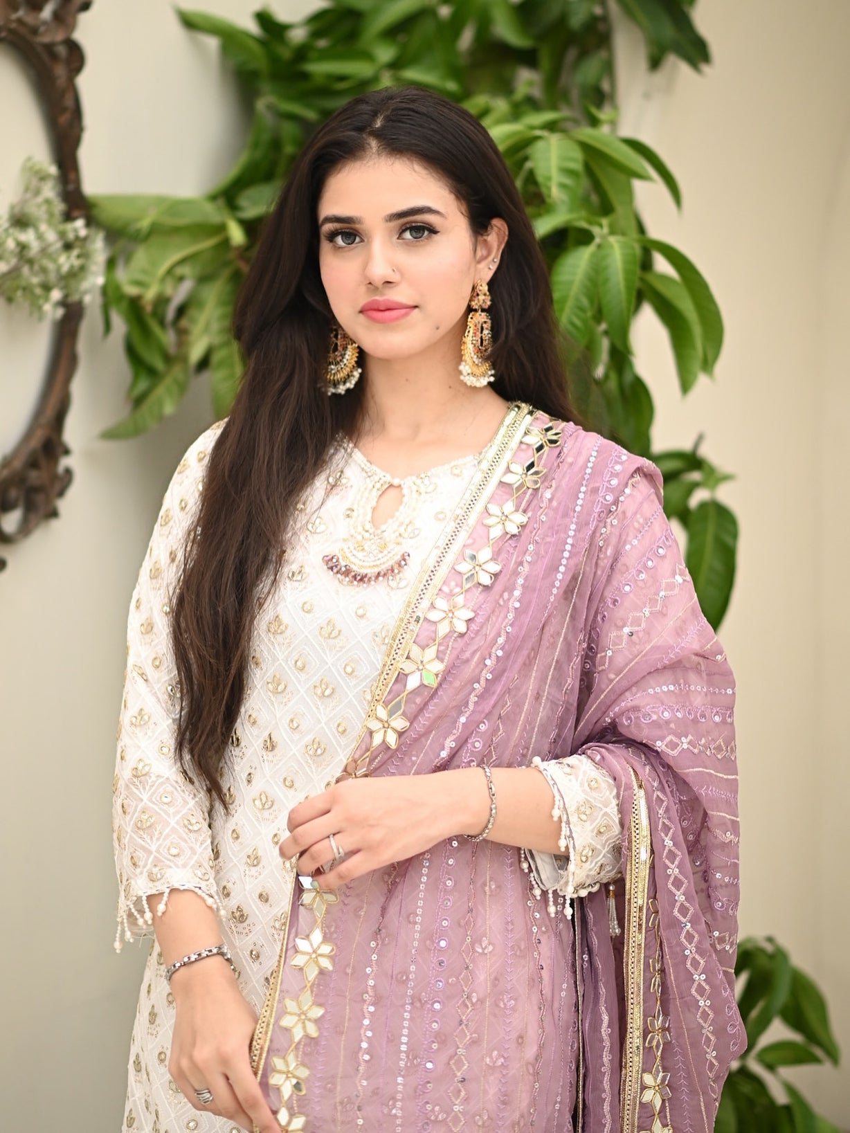 Chiffon Embroidered & Embellished 3-Piece Suit - Lilac