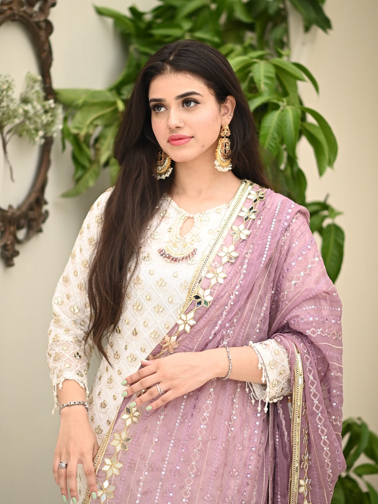 Chiffon Embroidered & Embellished 3-Piece Suit - Lilac