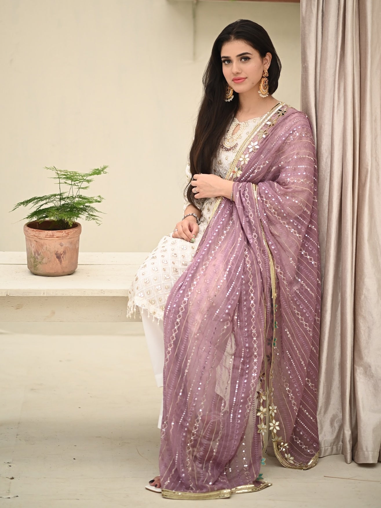 Chiffon Embroidered & Embellished 3-Piece Suit - Lilac