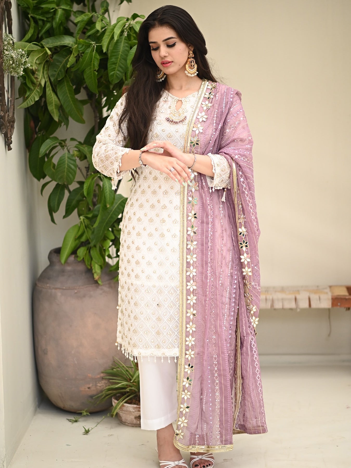 Chiffon Embroidered & Embellished 3-Piece Suit - Lilac