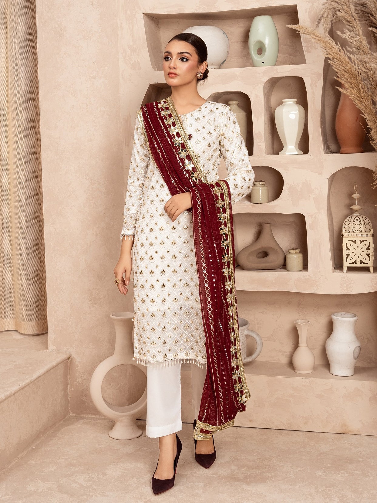 Chiffon Embroidered & Embellished 3-Piece Suit - Maroon