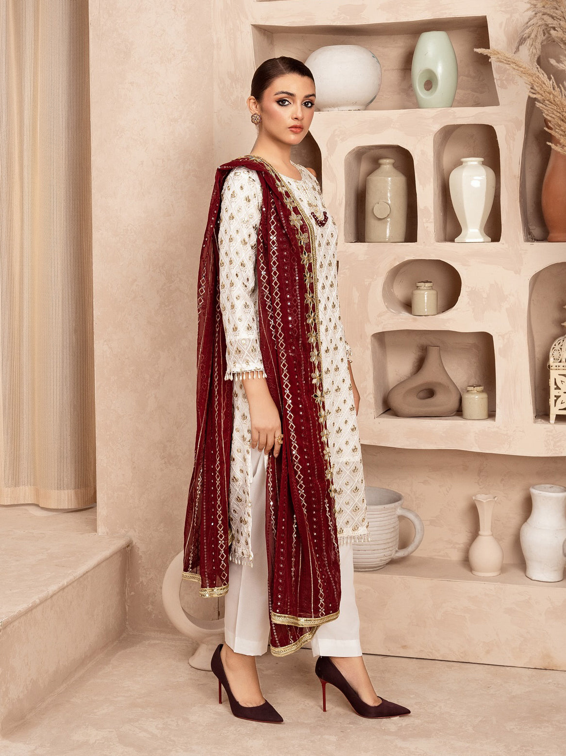 Chiffon Embroidered & Embellished 3-Piece Suit - Maroon