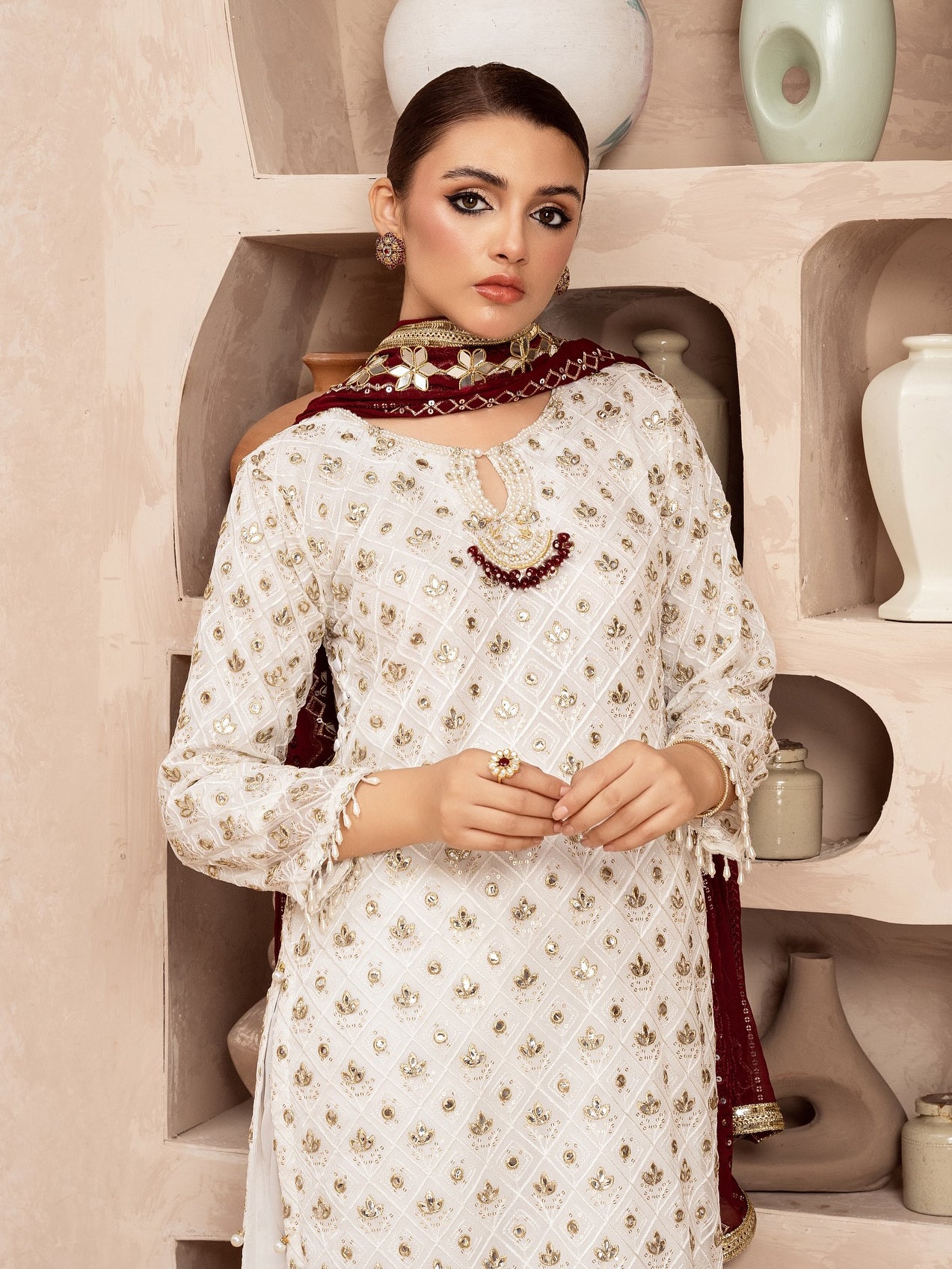 Chiffon Embroidered & Embellished 3-Piece Suit - Maroon