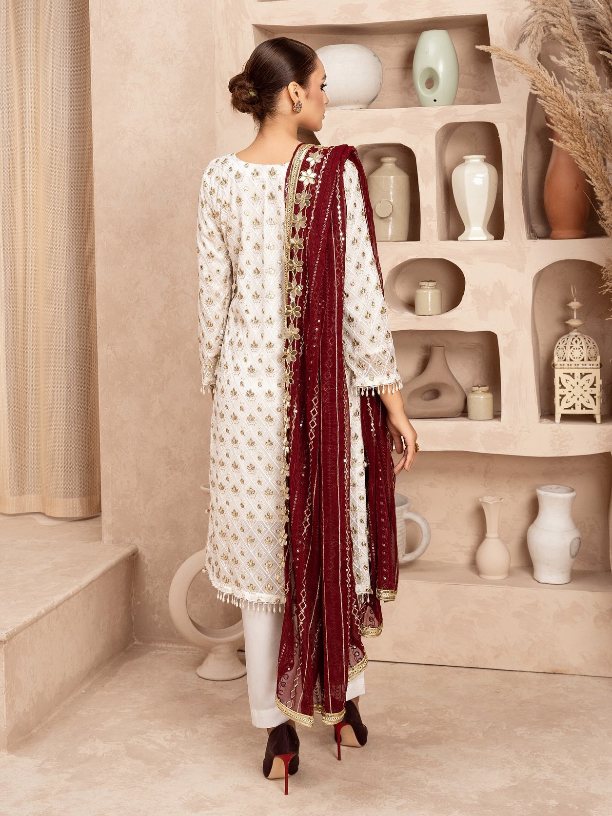 Chiffon Embroidered & Embellished 3-Piece Suit - Maroon