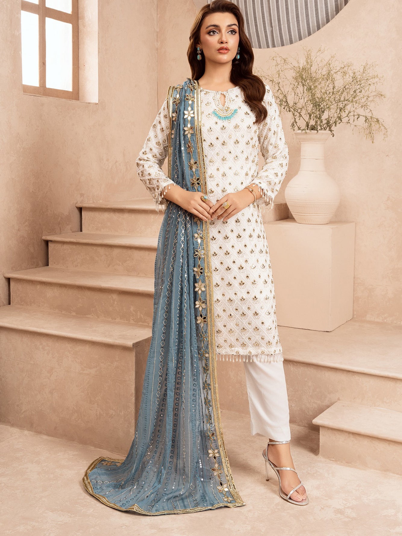 Chiffon Embroidered & Embellished 3-Piece Suit - Turquoise