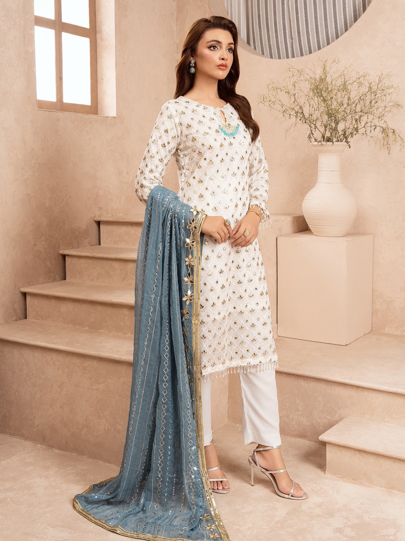 Chiffon Embroidered & Embellished 3-Piece Suit - Turquoise