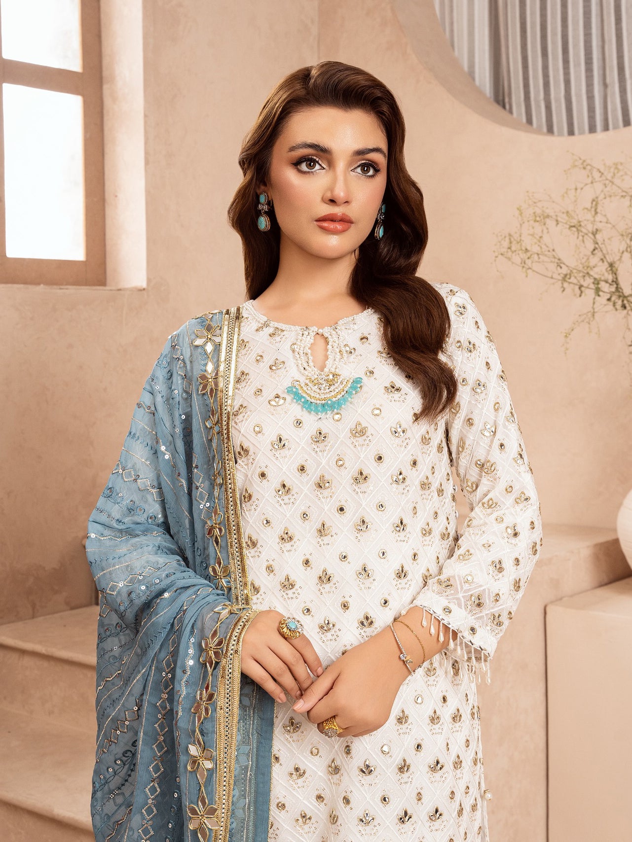 Chiffon Embroidered & Embellished 3-Piece Suit - Turquoise