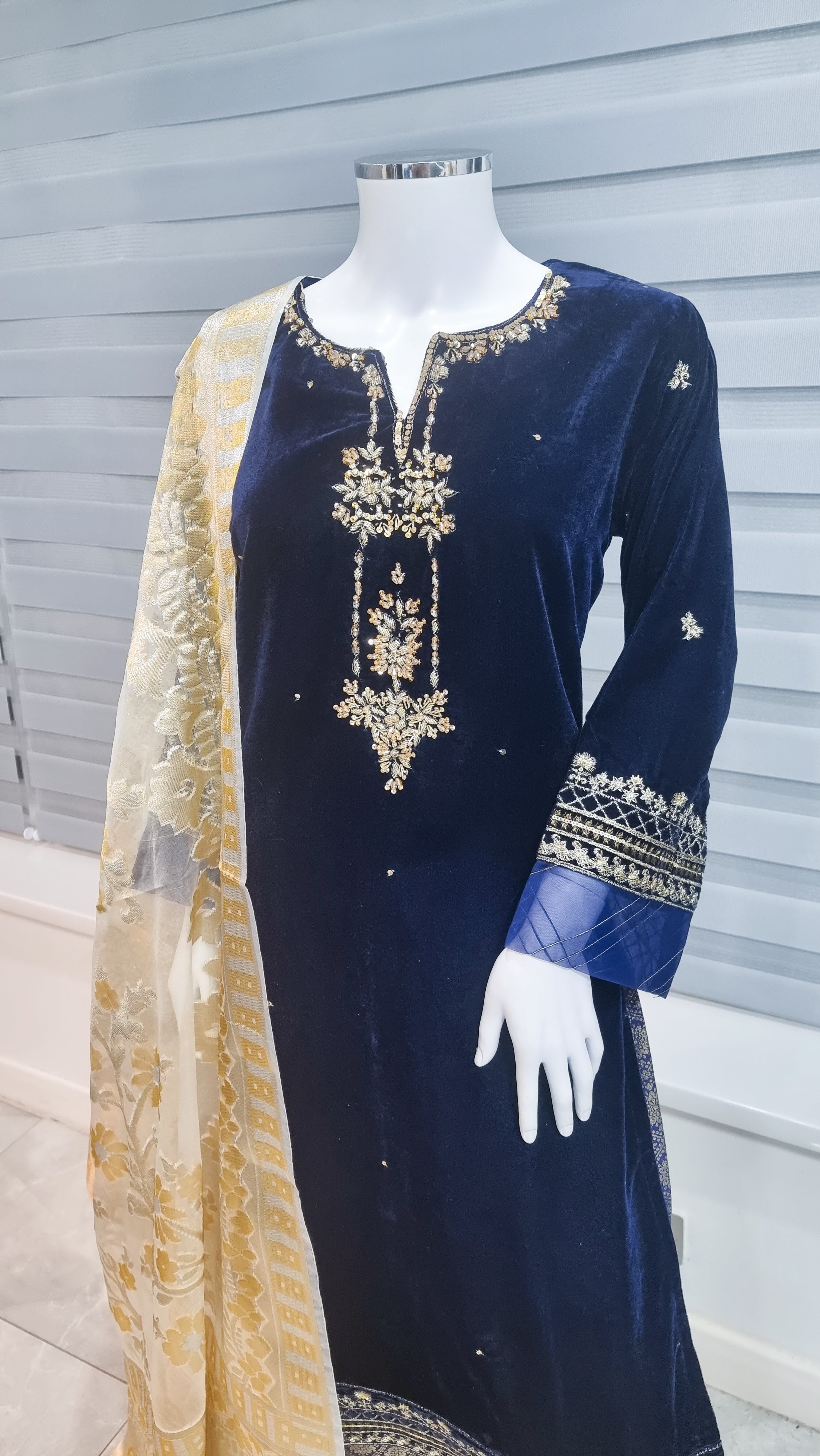 Navy Blue Embroidered Velvet 3-Piece Suit