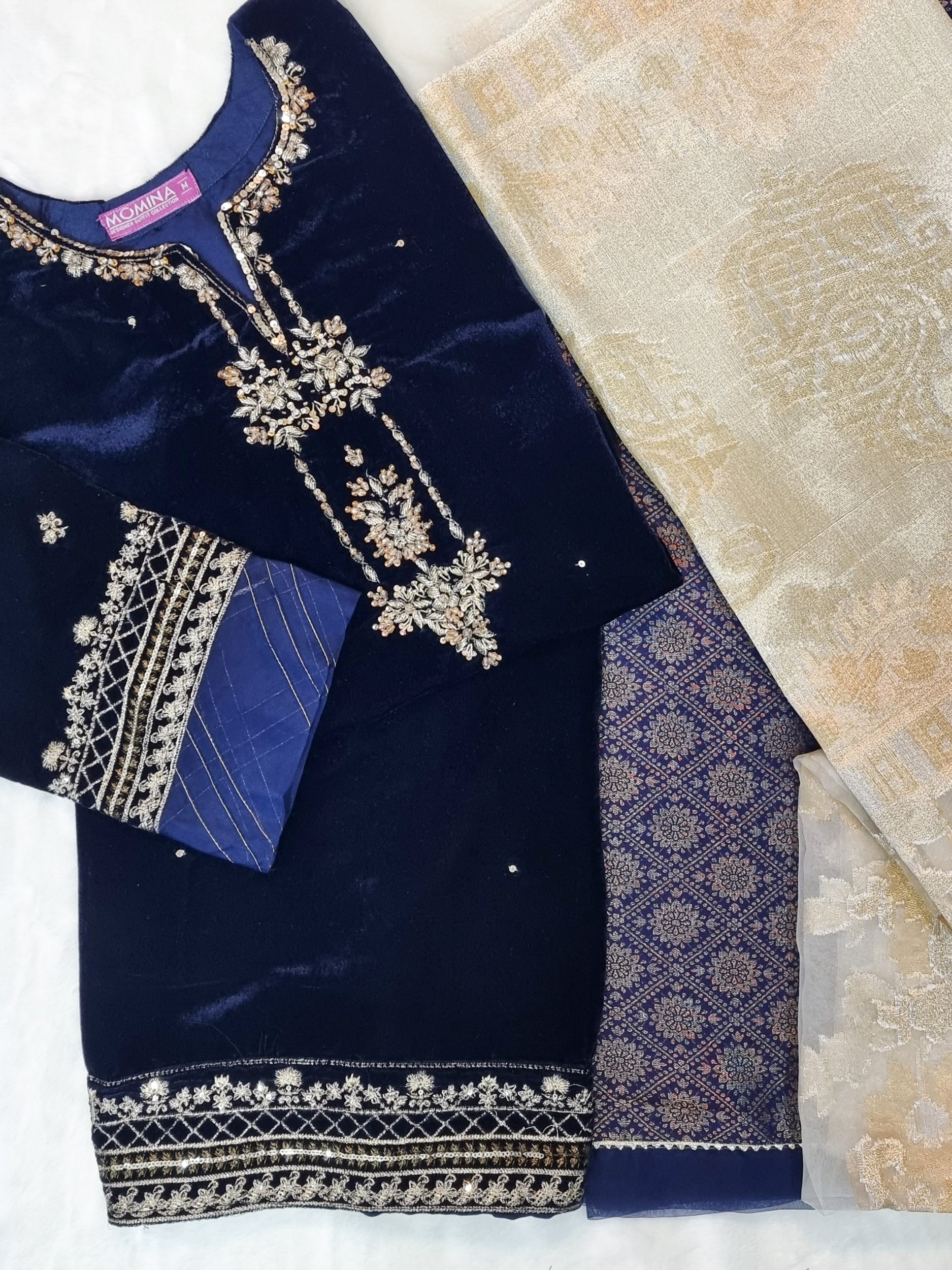 Navy Blue Embroidered Velvet 3-Piece Suit