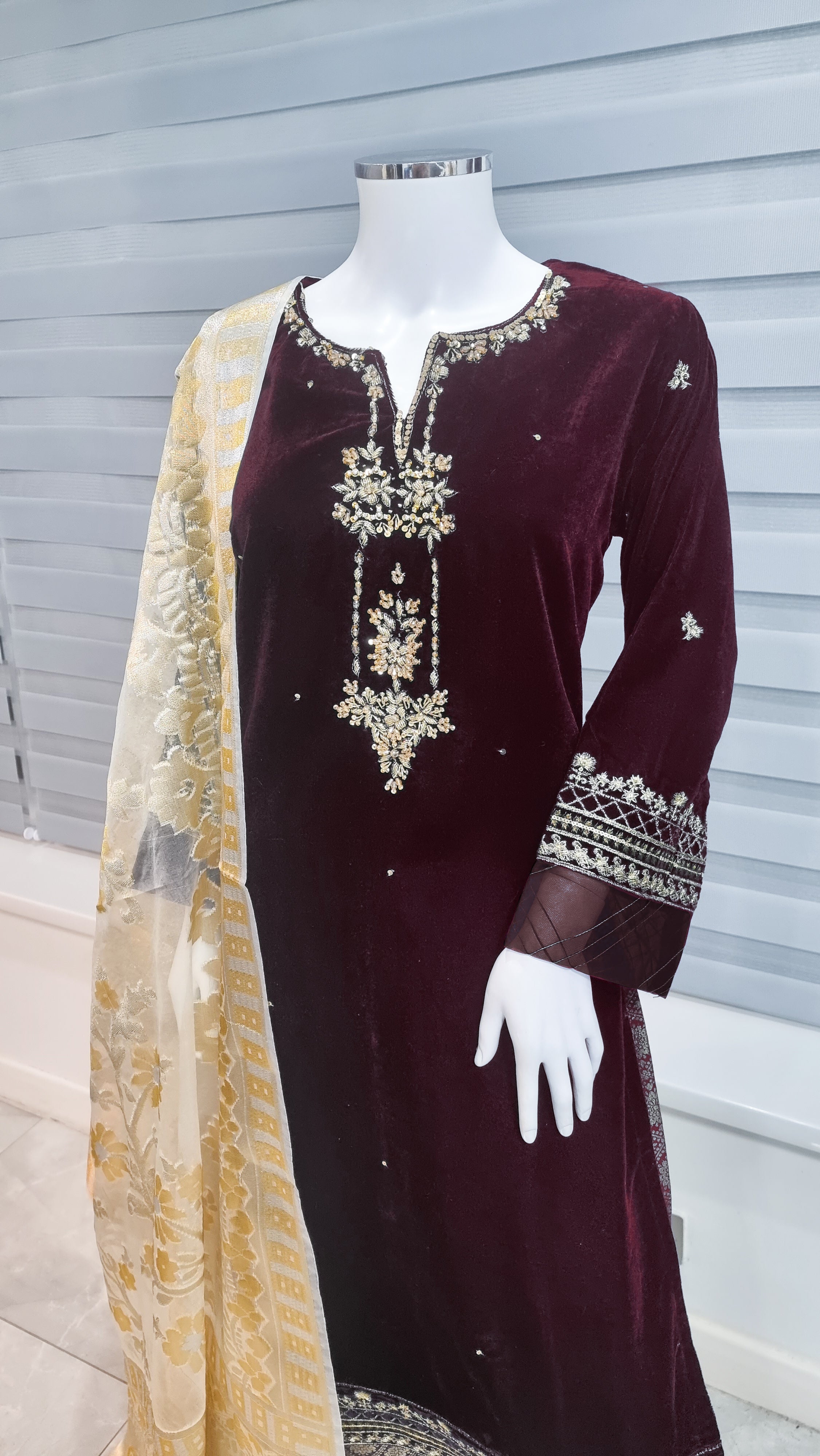 Maroon Embroidered Velvet 3-Piece Suit