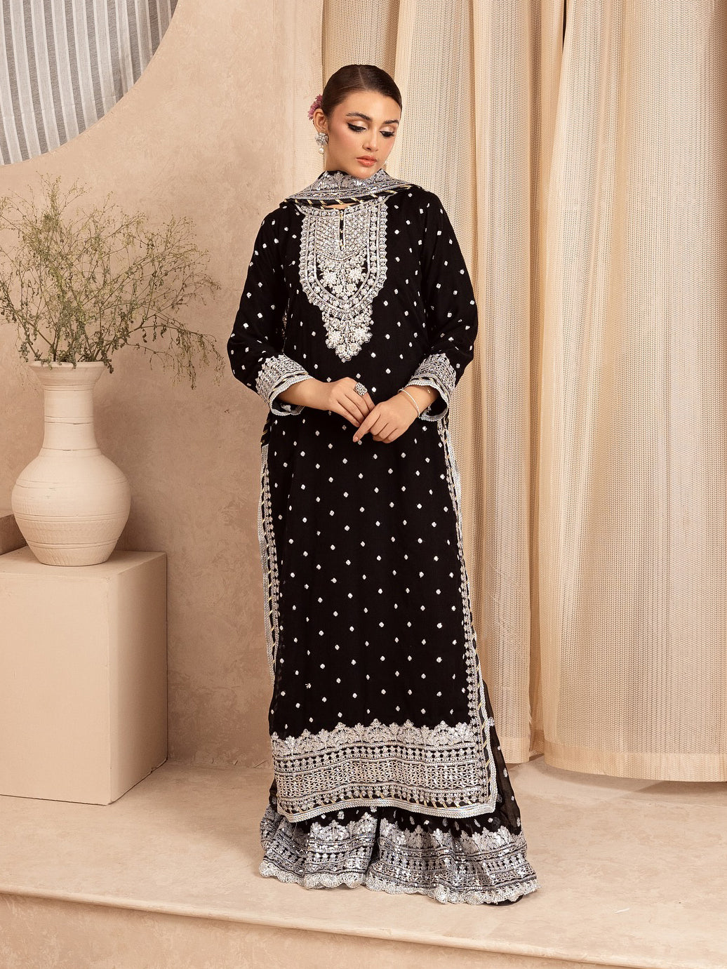 Chiffon Embellished 3-Piece Gharara Suit - Black