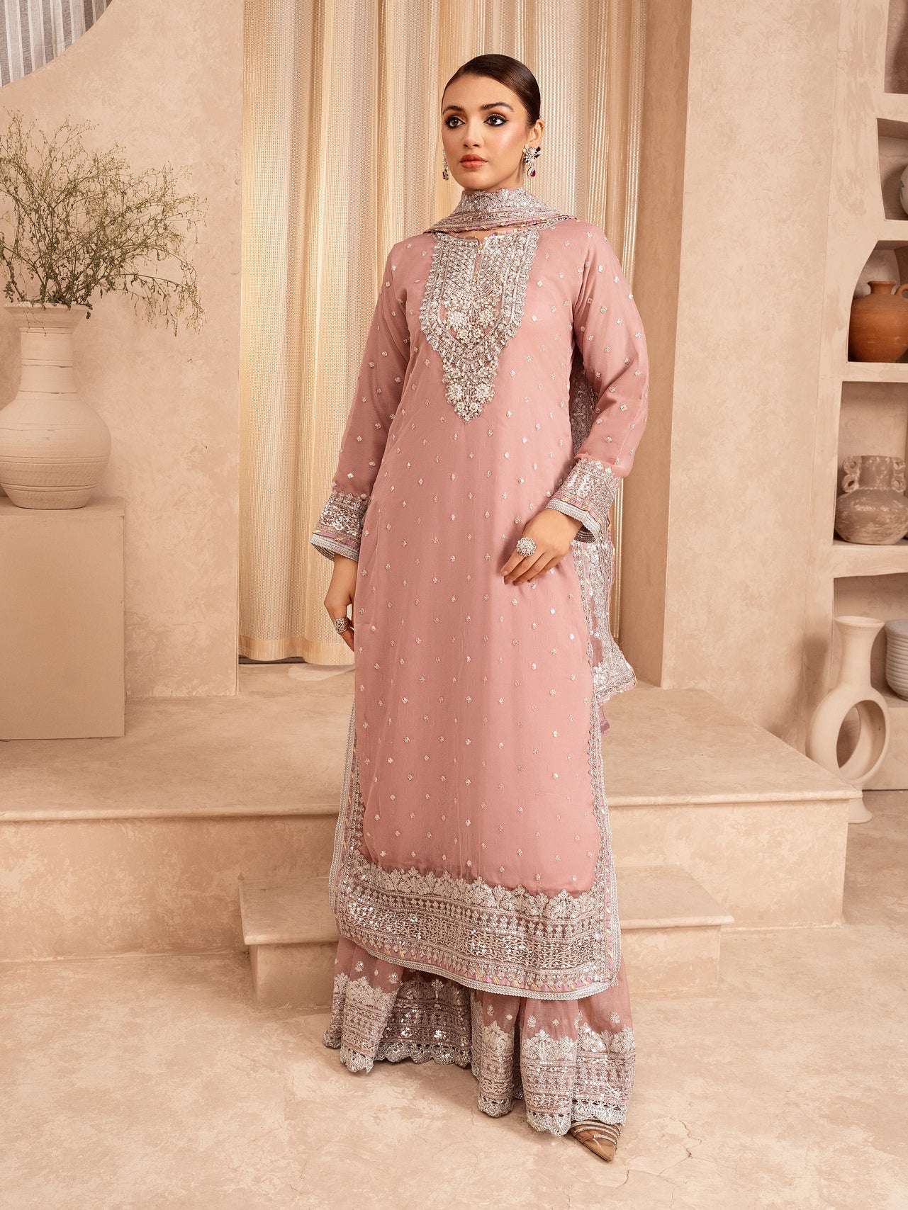 Chiffon Embellished 3-Piece Gharara Suit - Pink