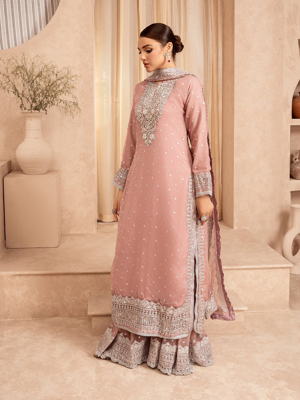 Chiffon Embellished 3-Piece Gharara Suit - Pink