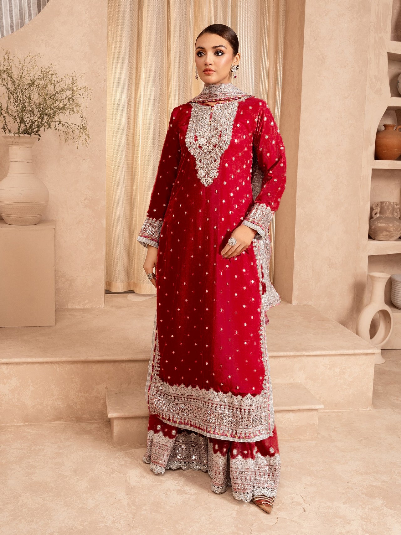 Chiffon Embellished 3-Piece Gharara Suit - Dark Red