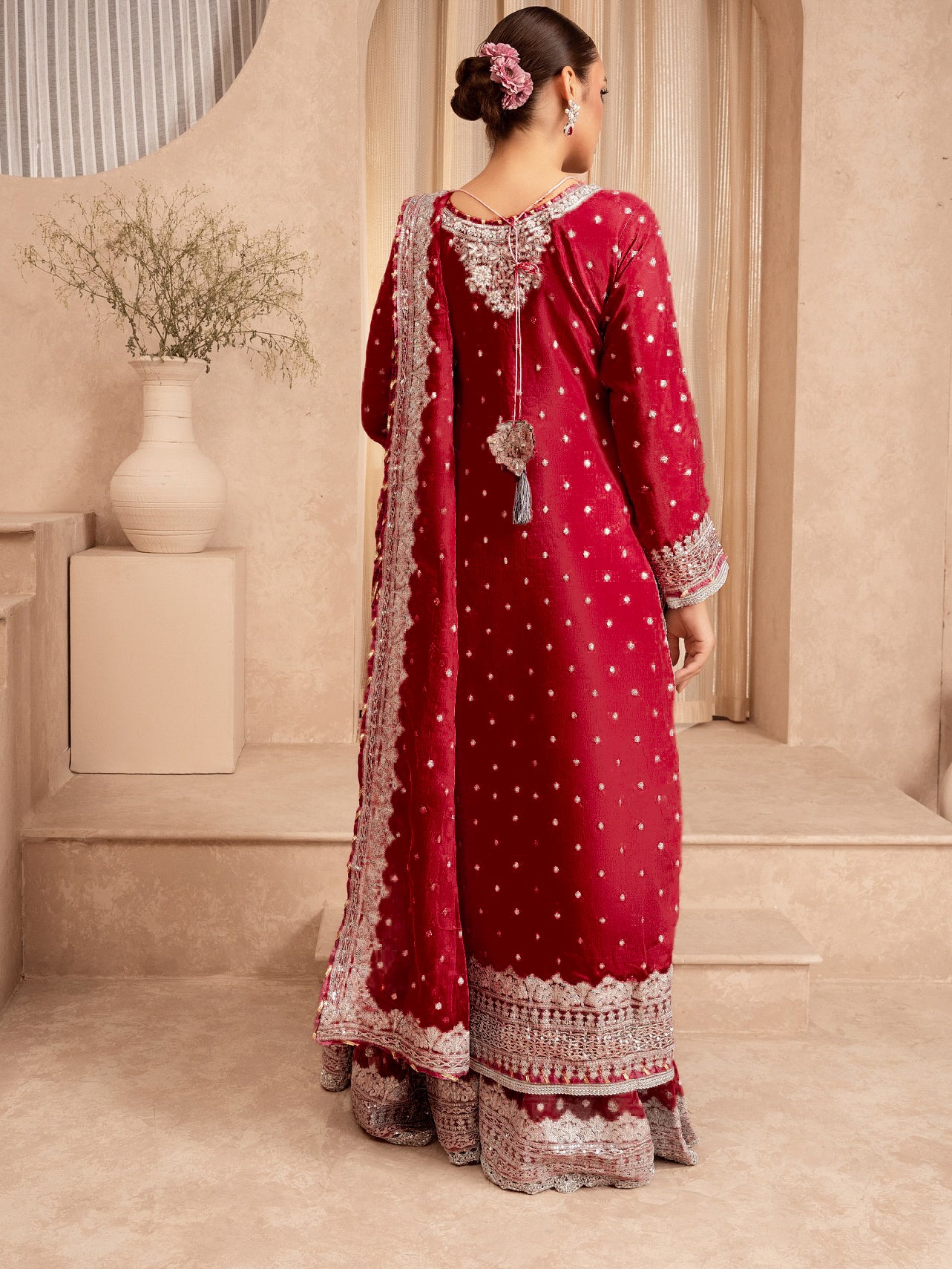 Chiffon Embellished 3-Piece Gharara Suit - Dark Red