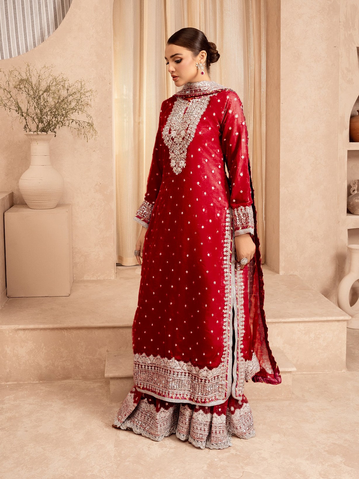 Chiffon Embellished 3-Piece Gharara Suit - Dark Red