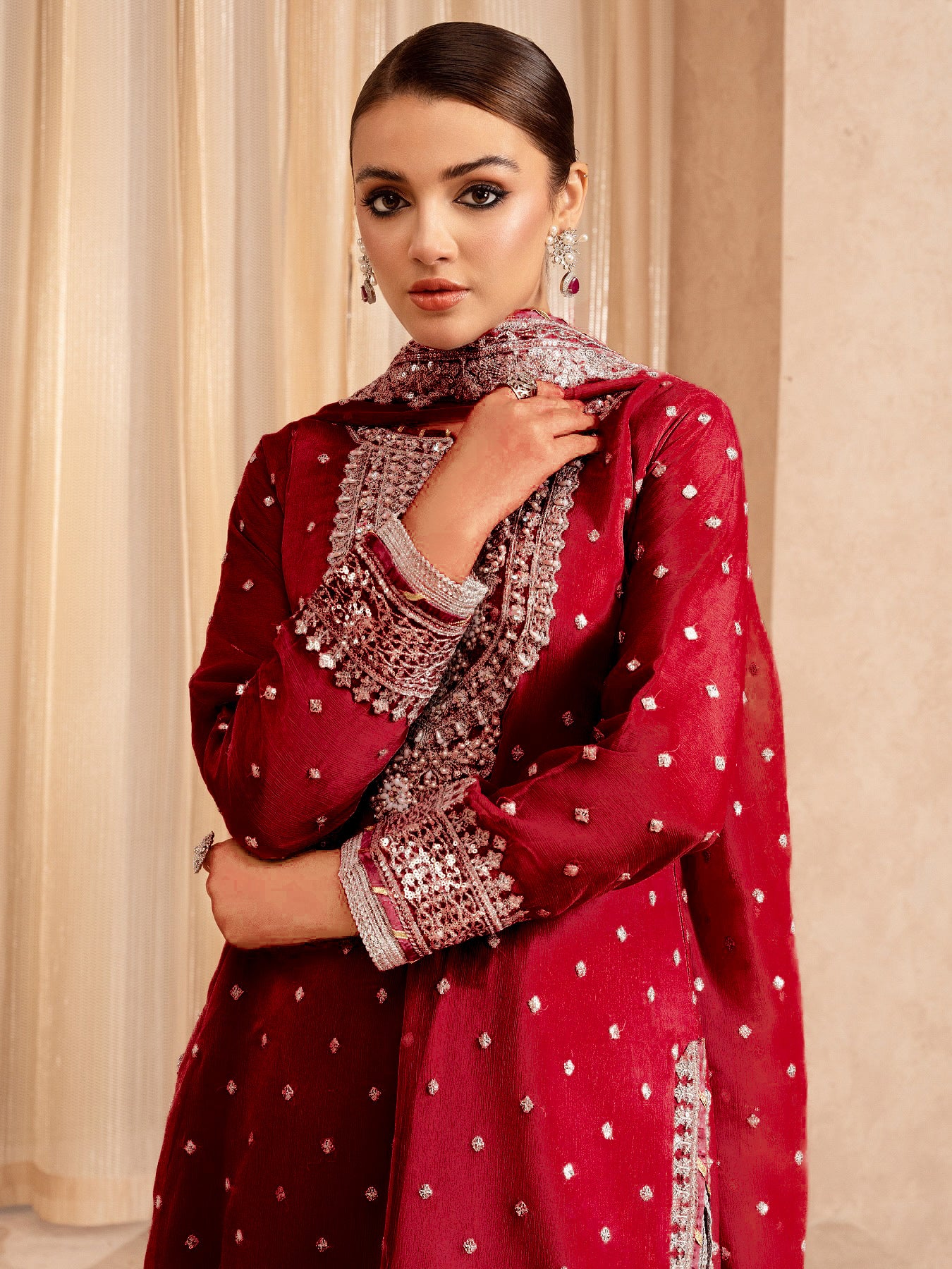 Chiffon Embellished 3-Piece Gharara Suit - Dark Red