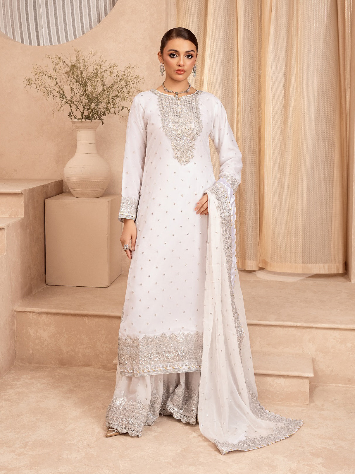 Chiffon Embellished 3-Piece Gharara Suit - White