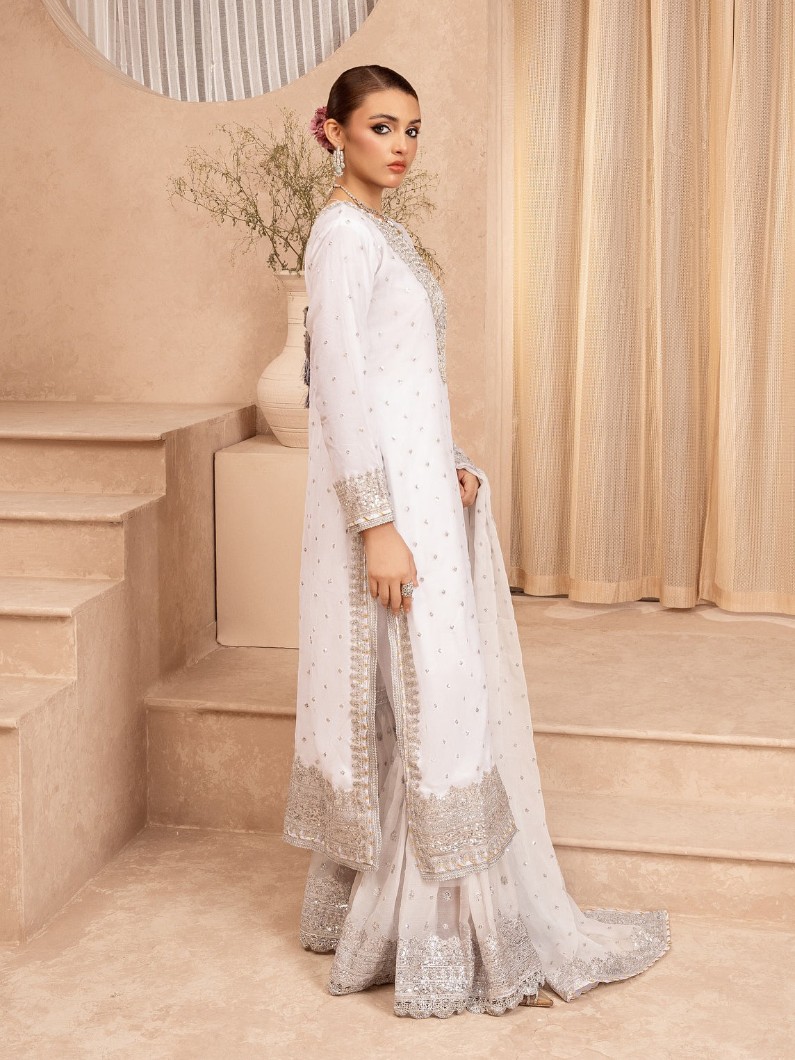 Chiffon Embellished 3-Piece Gharara Suit - White