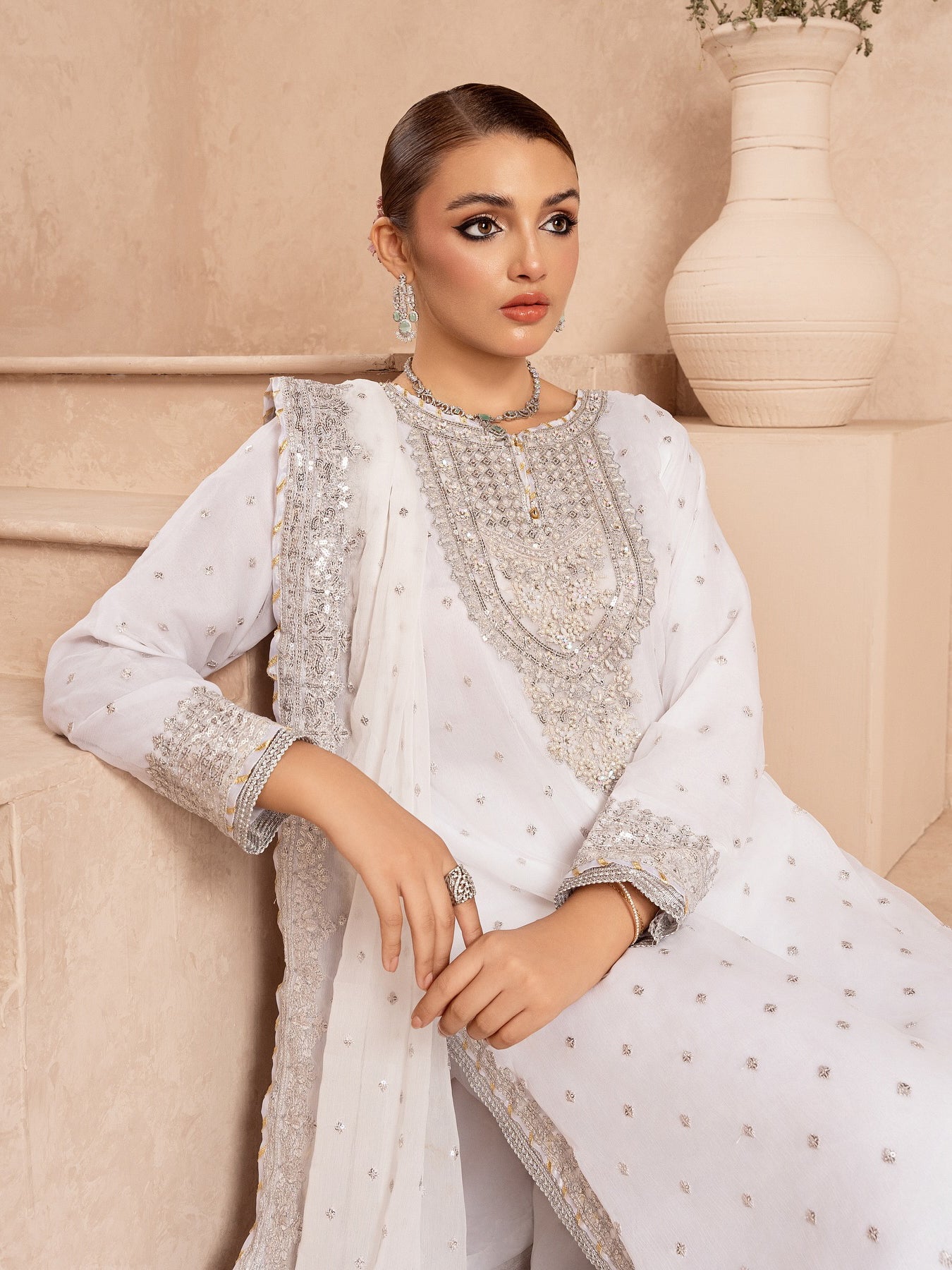 Chiffon Embellished 3-Piece Gharara Suit - White