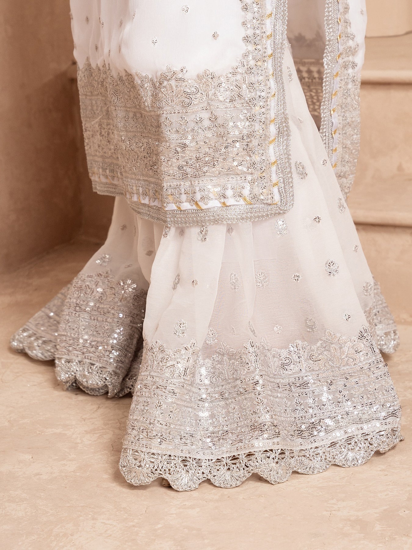 Chiffon Embellished 3-Piece Gharara Suit - White