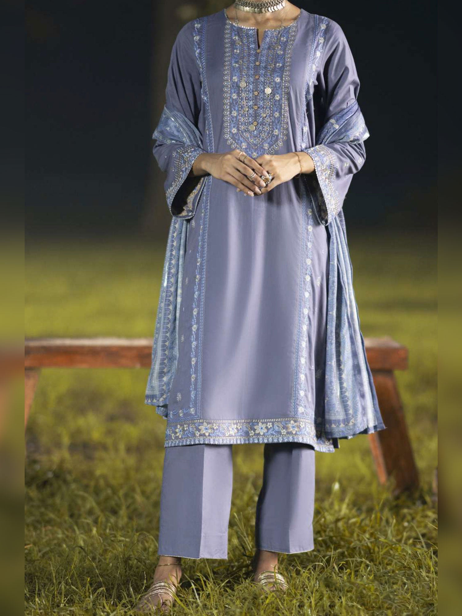 Casual Lite "Khamoshi" Embroidered Linen Suit - Lilac