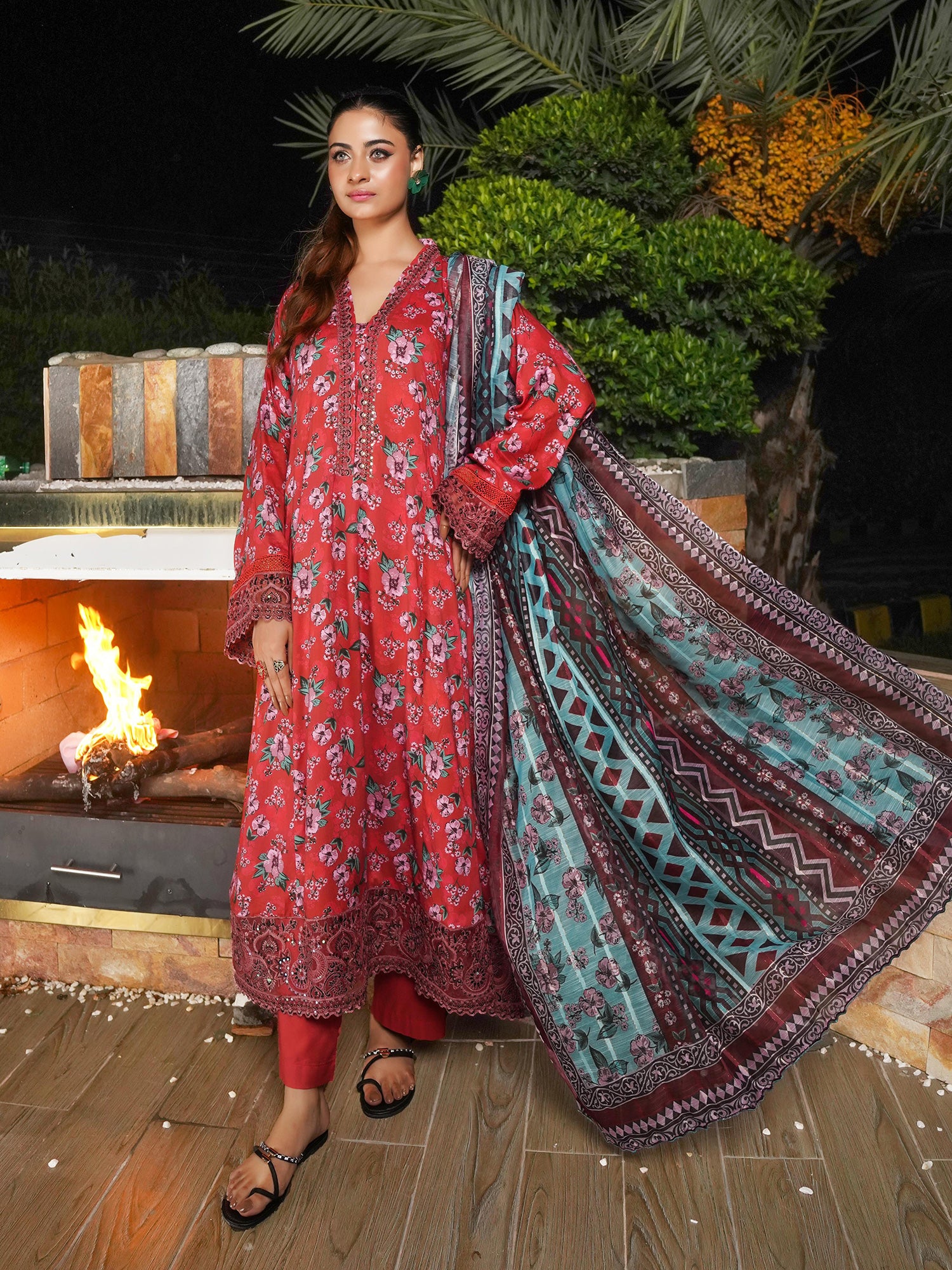 Munira Linen Long Frock Suit (MSL-07) - Red