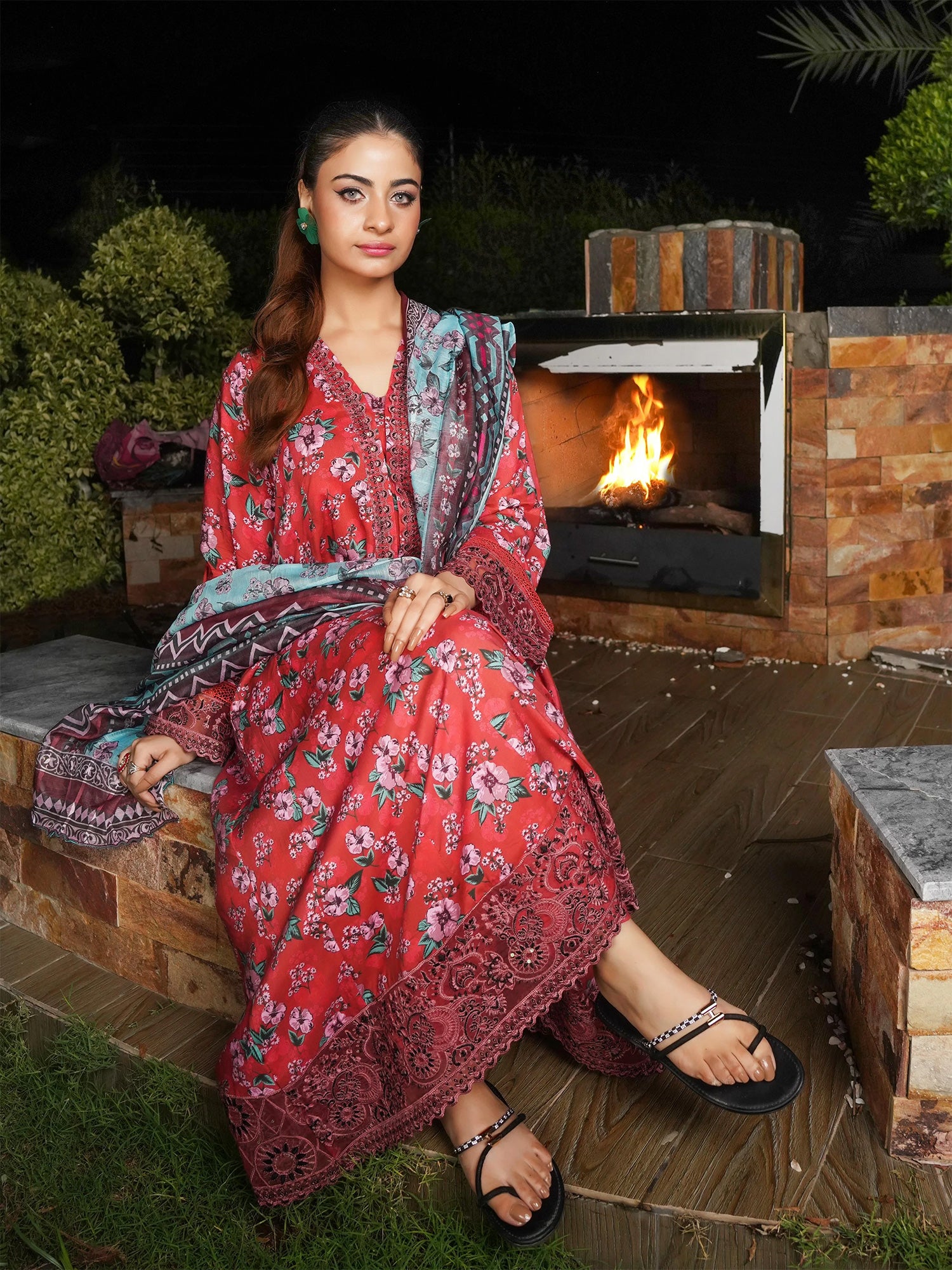 Munira Linen Long Frock Suit (MSL-07) - Red