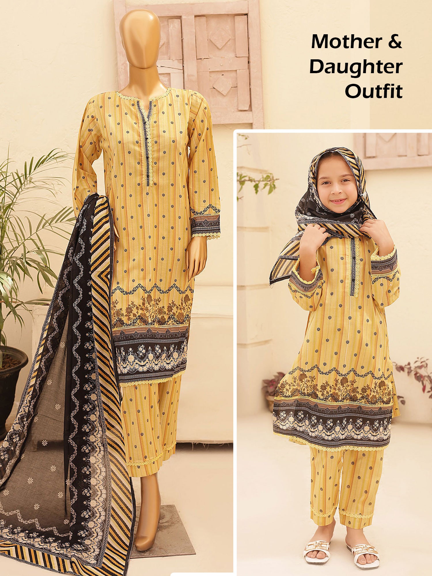 Mother-Daughter Lawn Casual 3-Piece Suit - Yellow