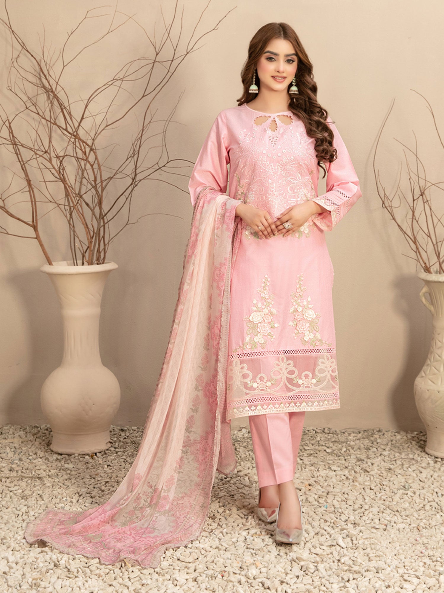 Tawakkal "Elzeena" Pink Embroidered Jacquard Lawn Suit (D2867)